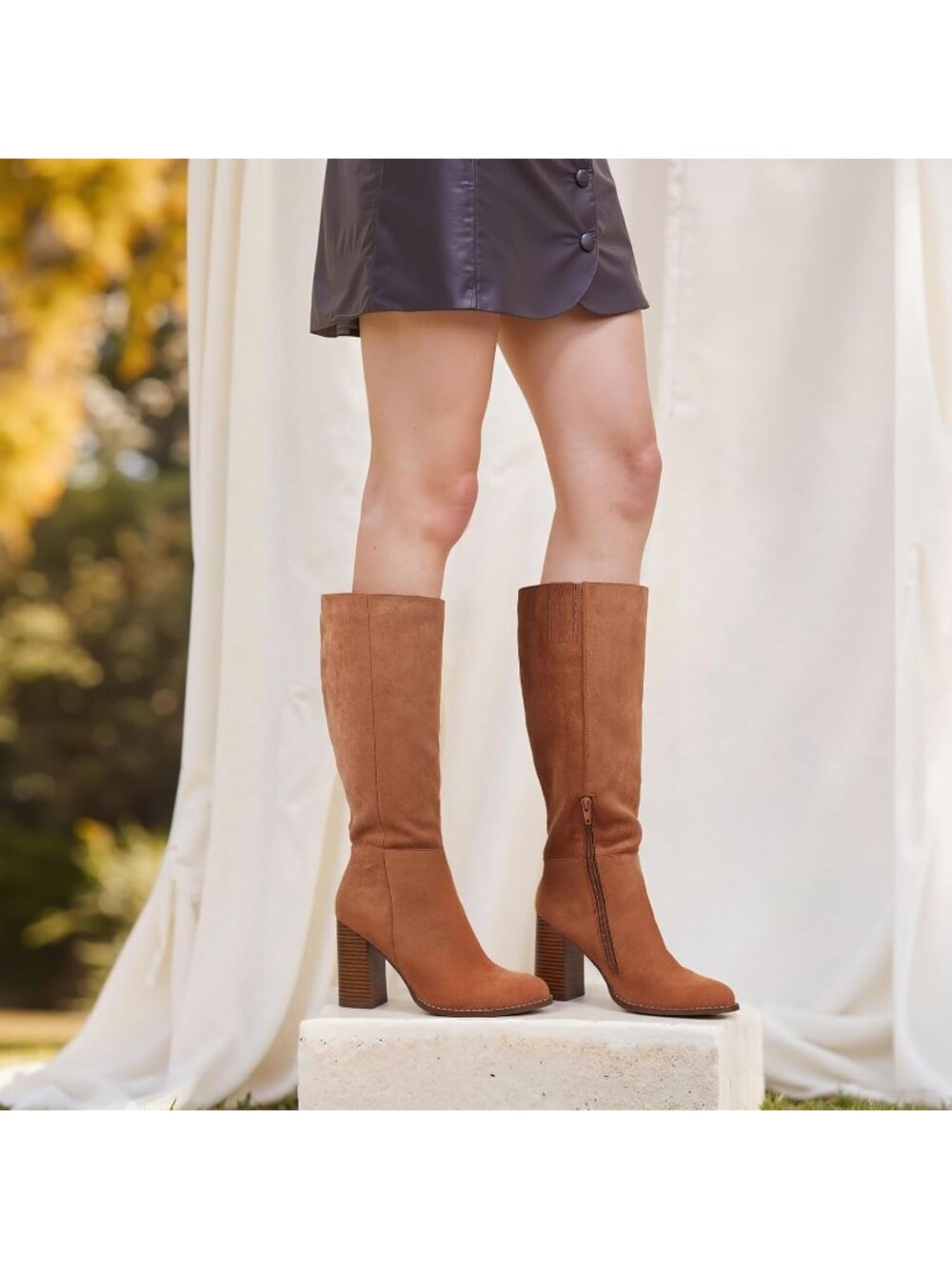 Women's Brown Comfortable Chunky High Heel Round Toe Side Zipper Knee High Boots - Picture 3 of 6